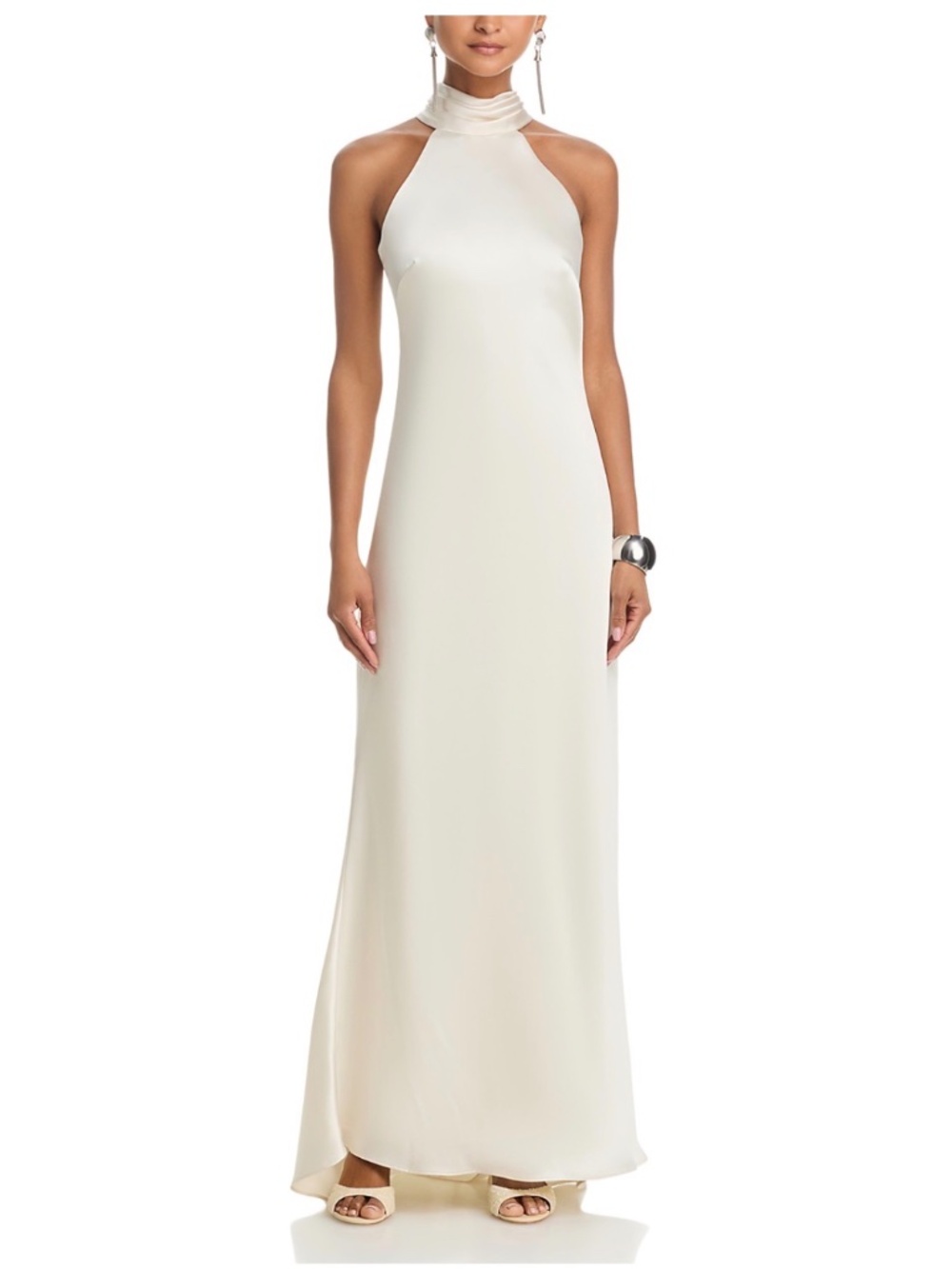 Aqua sleeveless satin gown in cream